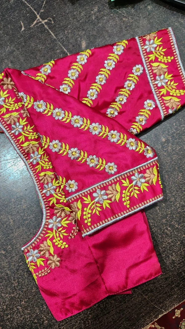 Rani Pink Silk Computer Embroidery Blouse | Lime Yellow Floral Vine & Striped Machine Work Saree Blouse