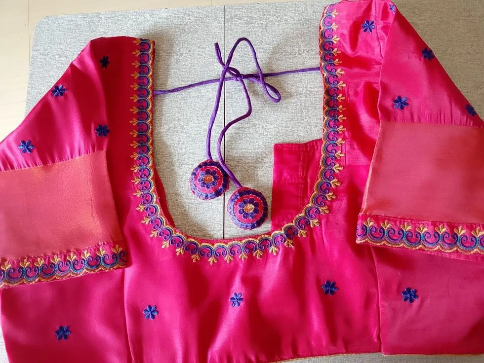 Rani Pink Silk Computer Embroidery Blouse | Purple & Gold Scallop Neck Machine Work Saree Blouse with Latkan 1