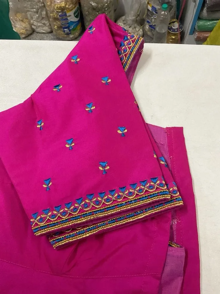 Rani Pink Silk Computer Embroidery Blouse | Sky Blue Triangle & Gold Zari Border Machine Work Saree Blouse 1