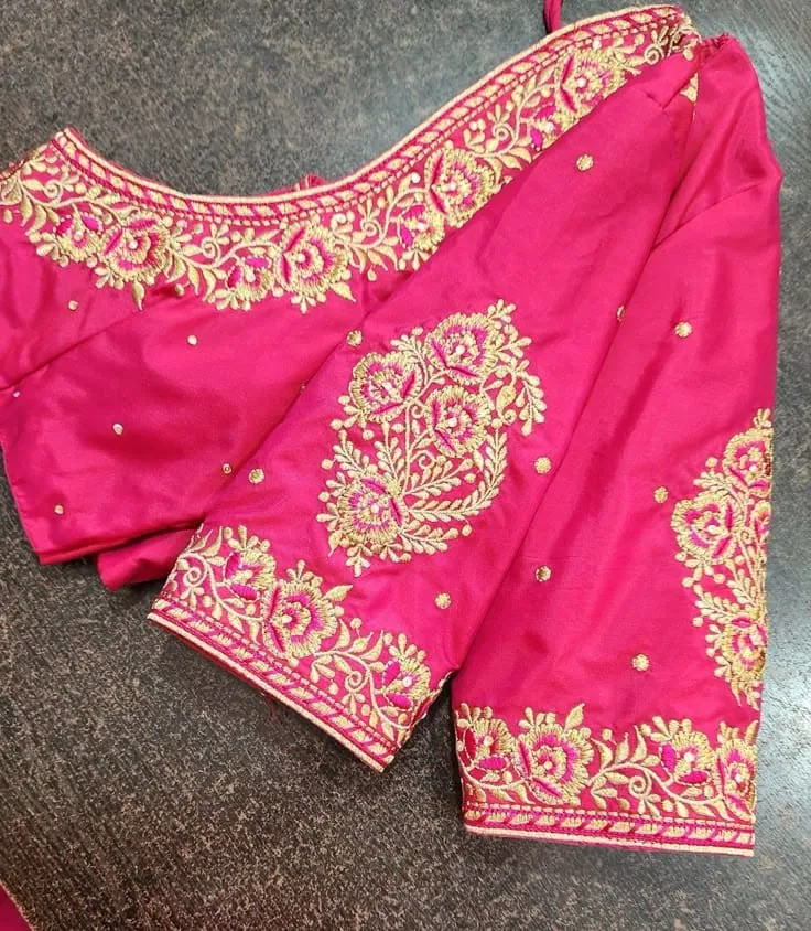 Rani Pink Silk Computer Embroidery Blouse with Zari Floral Motif | Boat Neck Machine Embroidered Saree Blouse (Customizable)
