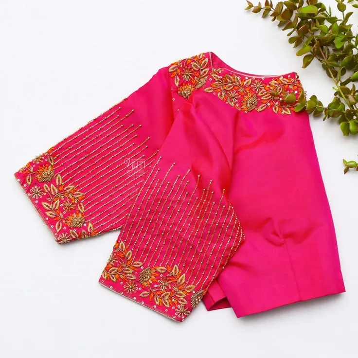 Rani Pink Silk Maggam Work Blouse | Boat Neck Floral Zardosi & Bead Lines Embroidered Bridal Saree Blouse