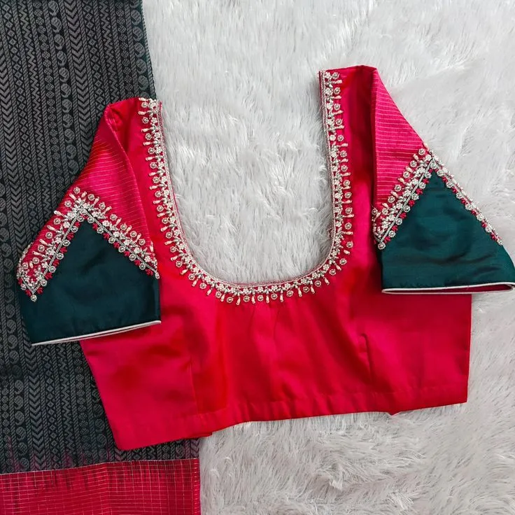 Rani Pink Silk Maggam Work Blouse | Contrast Bottle Green V-Cut Sleeve Hand Embroidery Readymade Saree Blouse