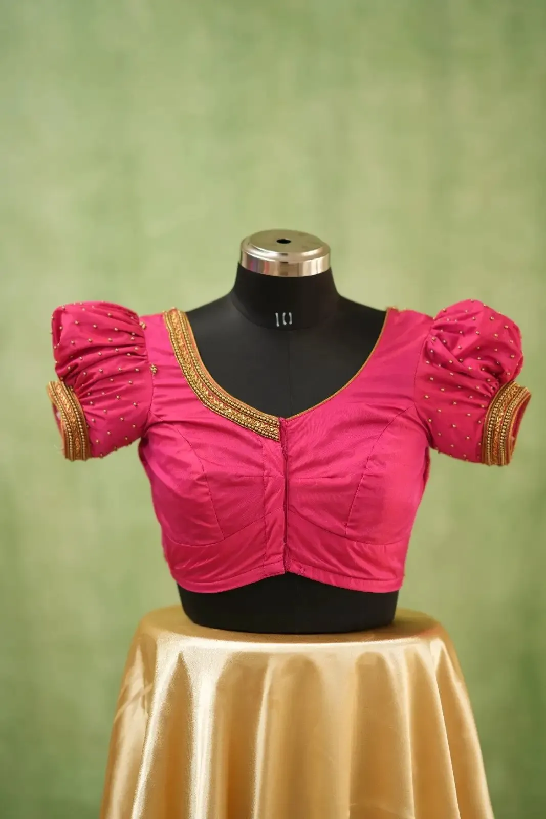 Rani Pink Silk Puff Sleeve Saree Blouse – Heavy Maggam Aari Embroidered Bridal Readymade Choli 1