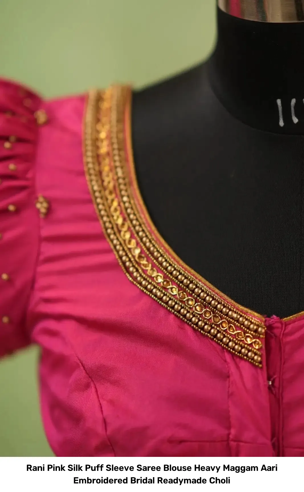 Rani Pink Silk Puff Sleeve Saree Blouse – Heavy Maggam Aari Embroidered Bridal Readymade Choli 3