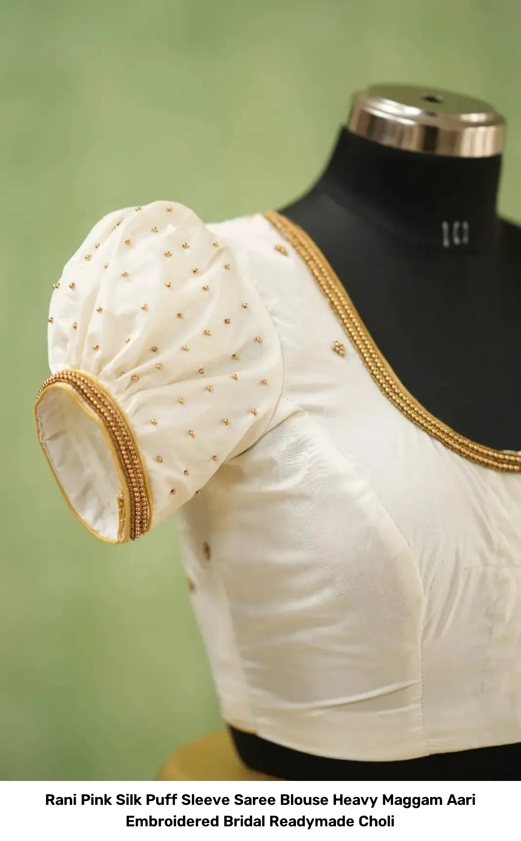 Rani Pink Silk Puff Sleeve Saree Blouse – Heavy Maggam Aari Embroidered Bridal Readymade Choli 4