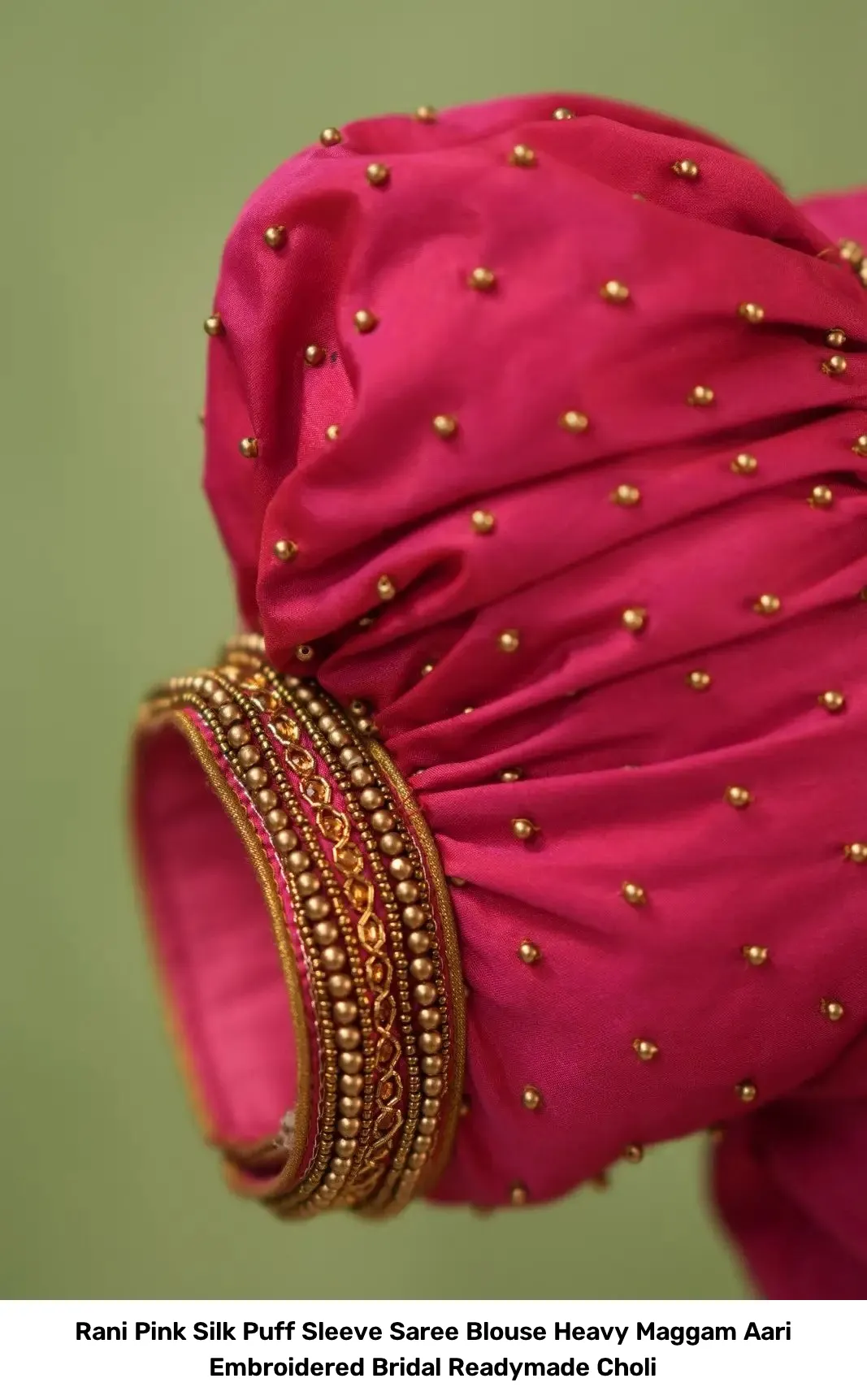 Rani Pink Silk Puff Sleeve Saree Blouse – Heavy Maggam Aari Embroidered Bridal Readymade Choli 5