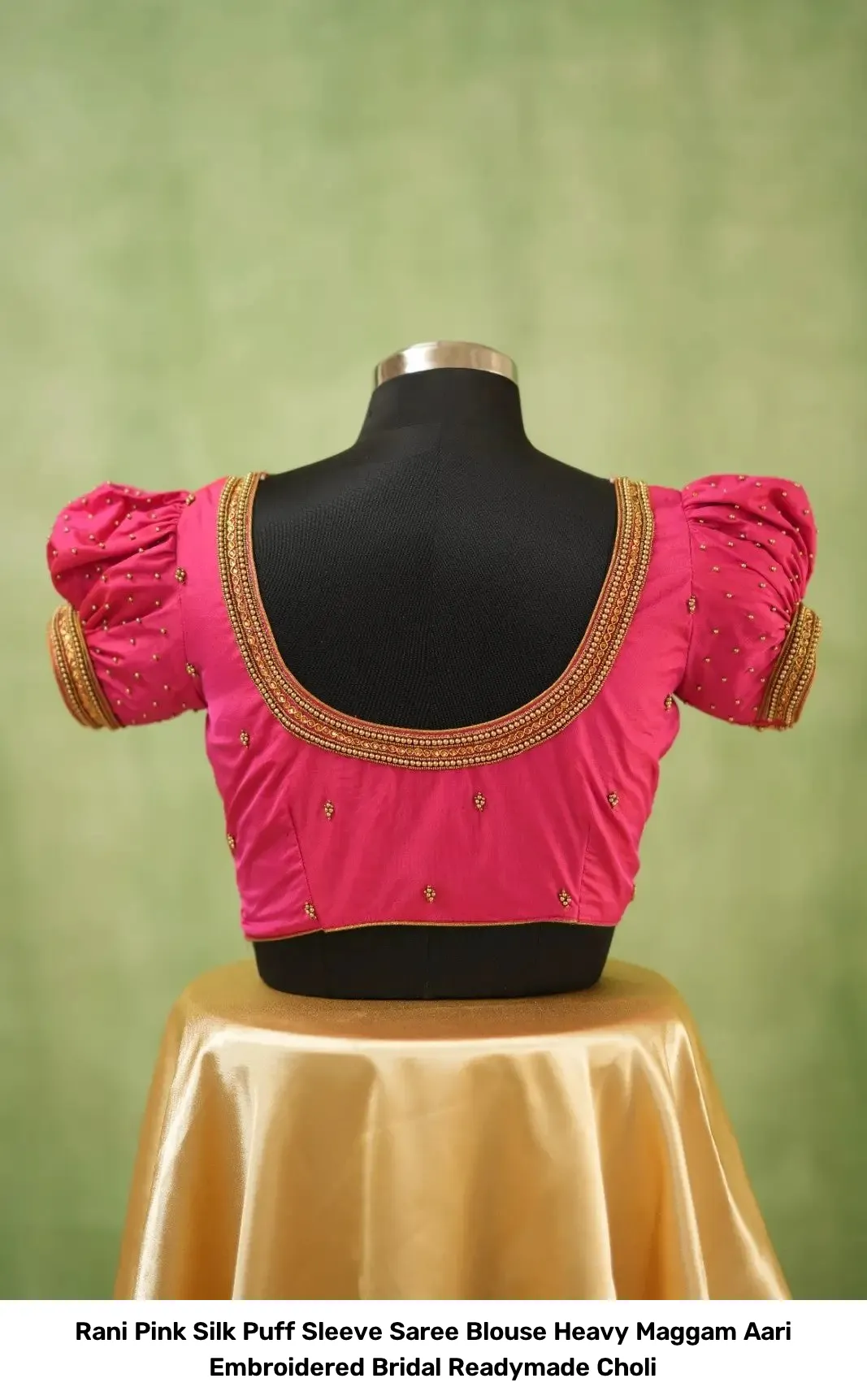 Rani Pink Silk Puff Sleeve Saree Blouse – Heavy Maggam Aari Embroidered Bridal Readymade Choli 6