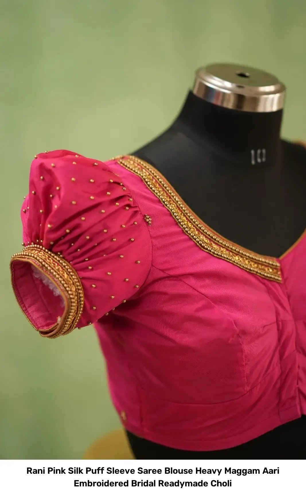 Rani Pink Silk Puff Sleeve Saree Blouse – Heavy Maggam Aari Embroidered Bridal Readymade Choli 8
