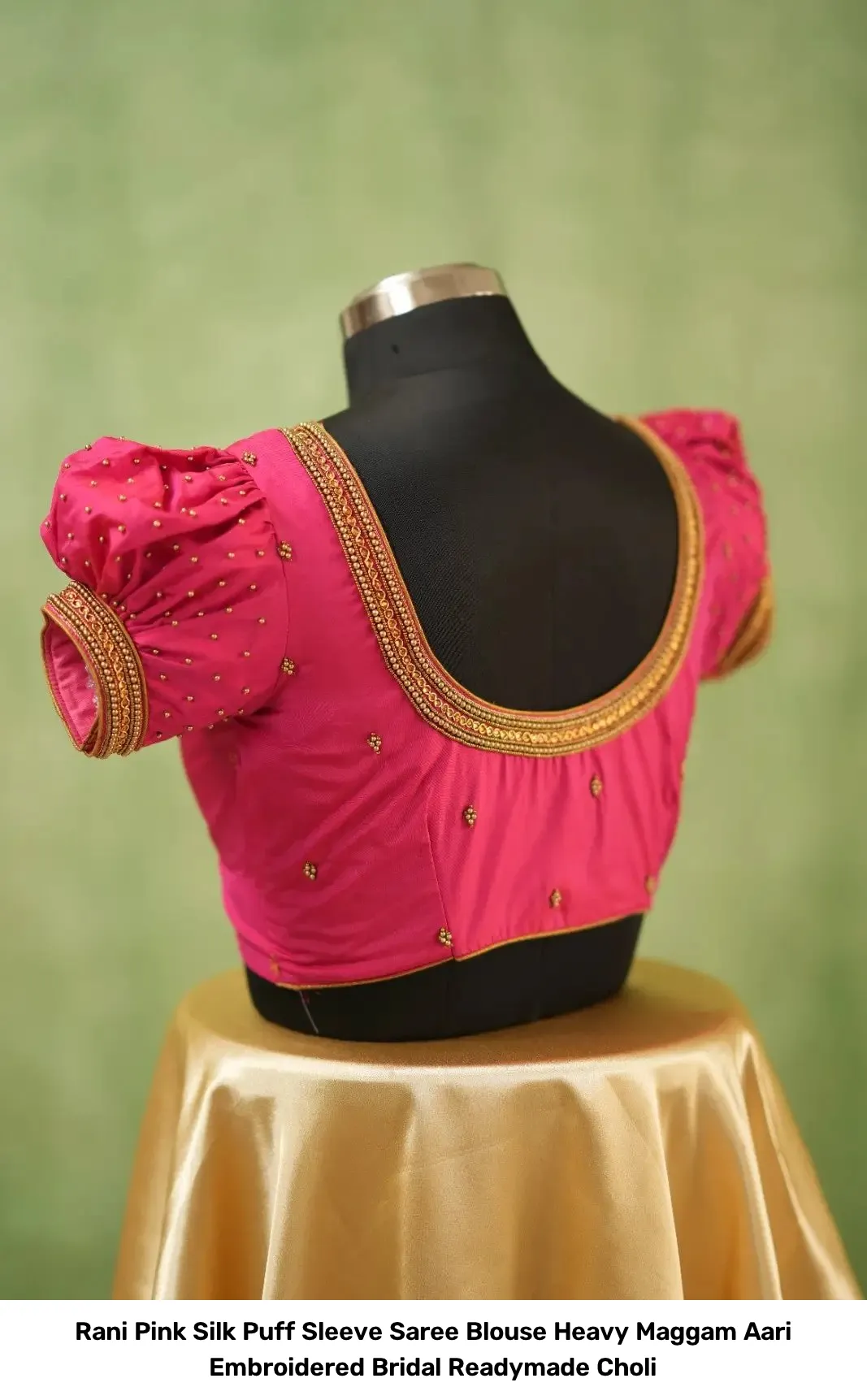 Rani Pink Silk Puff Sleeve Saree Blouse – Heavy Maggam Aari Embroidered Bridal Readymade Choli 9