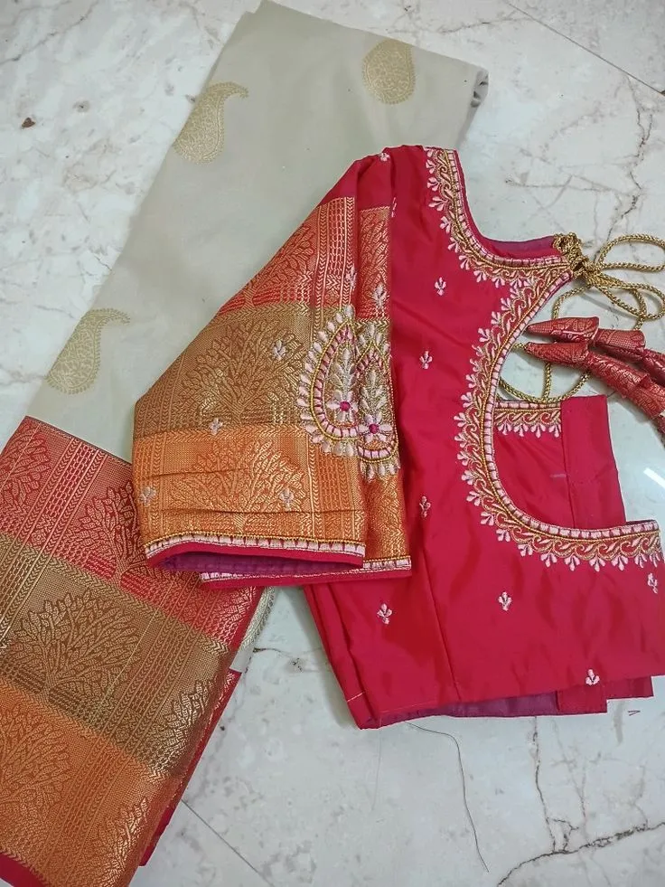 Rani Pink Silk Saree Blouse | Computer Machine Paisley Mango Embroidery & Brocade Zari Border Readymade Blouse