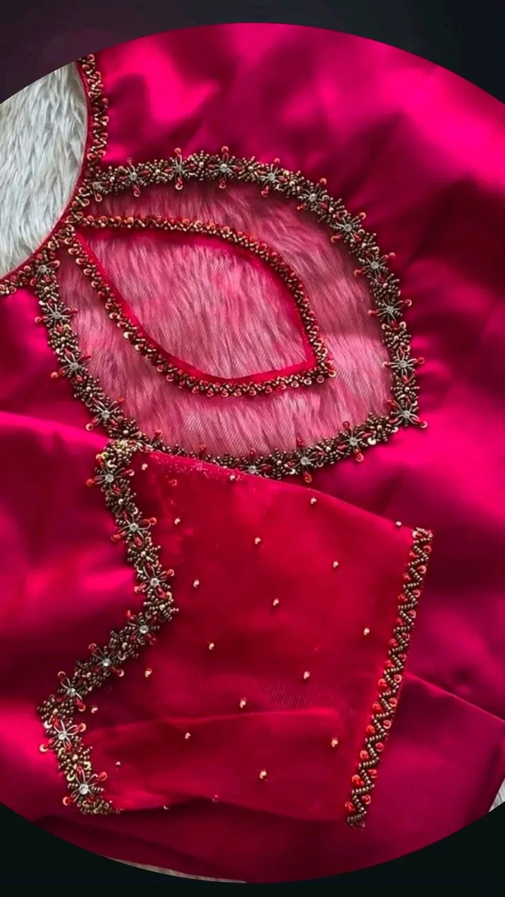 Rani Pink Silk Saree Blouse | Illusion Net Keyhole Back Maggam Aari Work Bridal Blouse 1