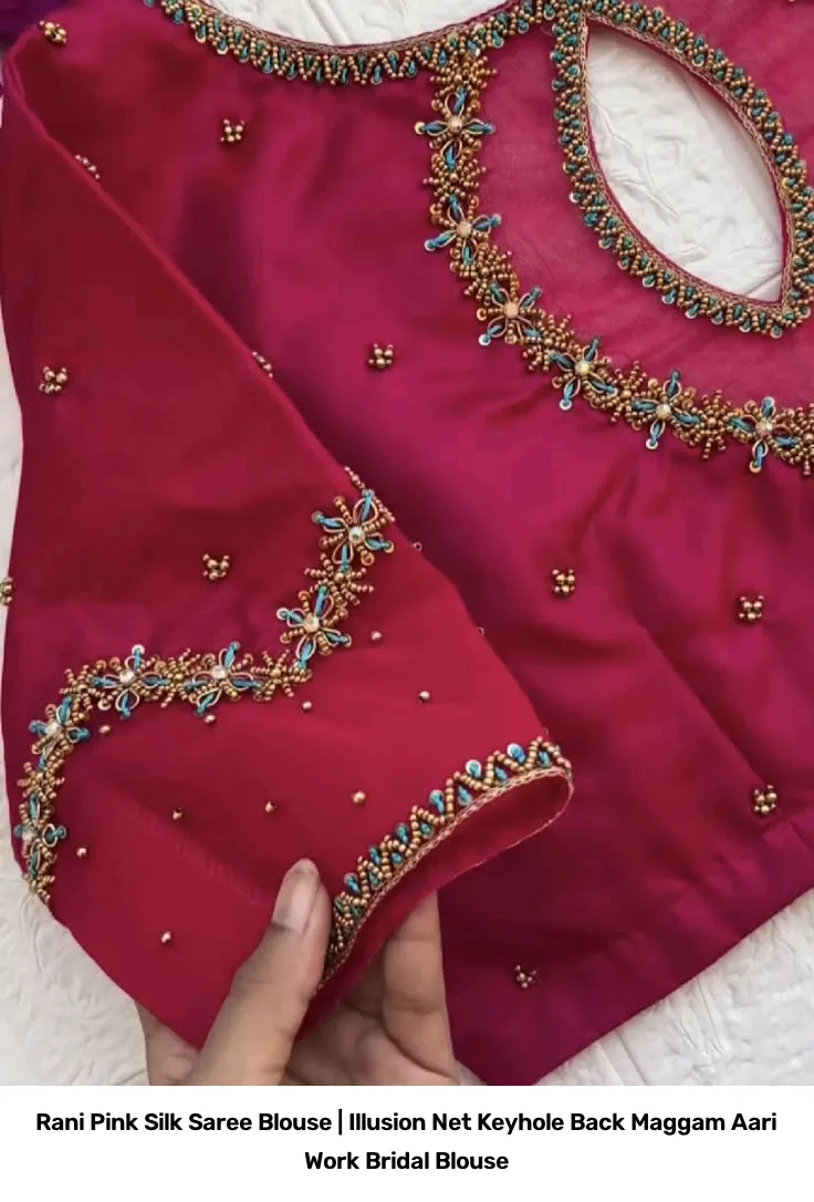 Rani Pink Silk Saree Blouse | Illusion Net Keyhole Back Maggam Aari Work Bridal Blouse 2