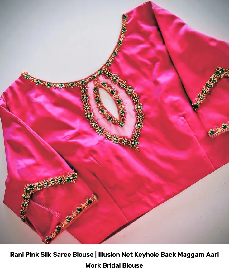 Rani Pink Silk Saree Blouse | Illusion Net Keyhole Back Maggam Aari Work Bridal Blouse 4