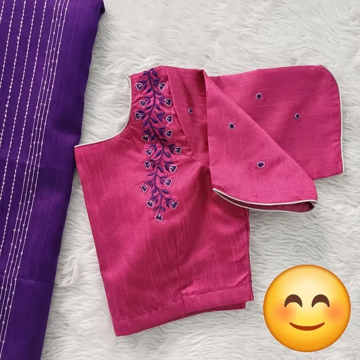 Rani Pink Silk Saree Blouse | Purple Floral Vine Shoulder Embroidery & Petal Tulip Sleeve Design 1