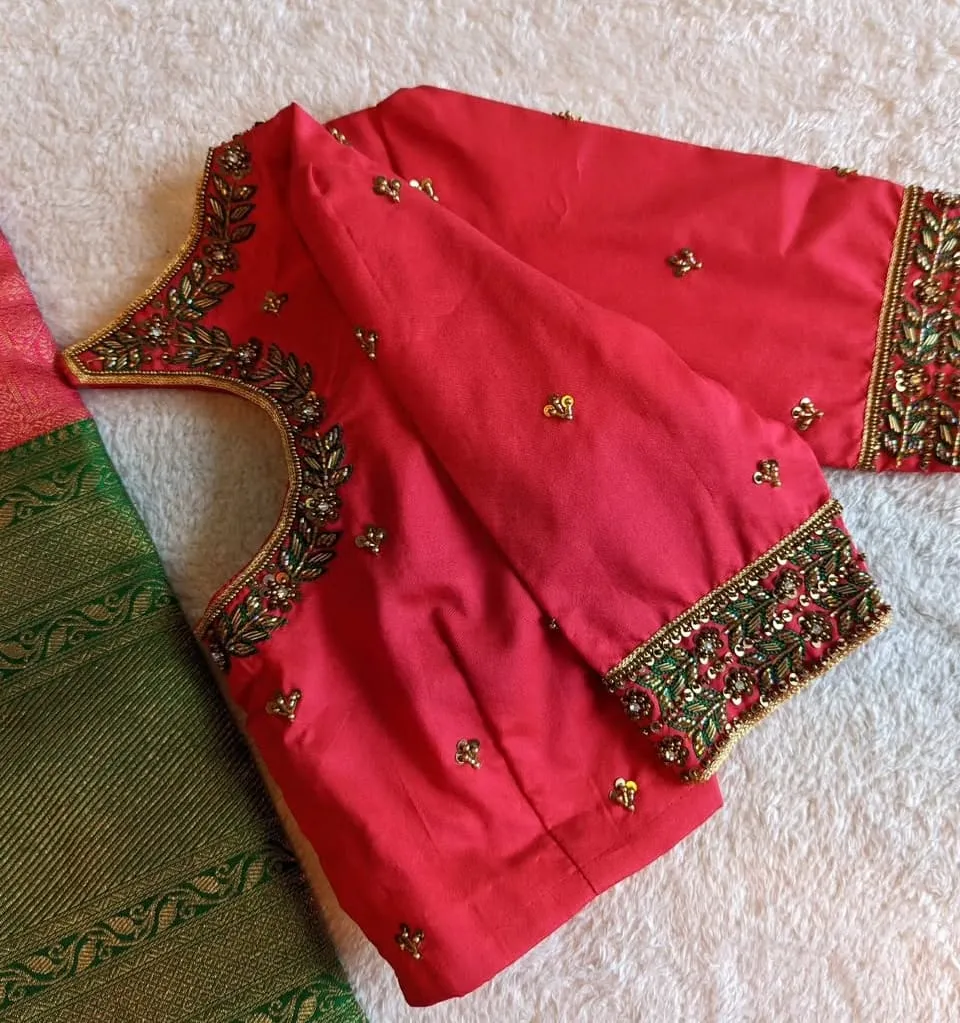 Rani Pink Silk Saree Blouse with Antique Gold & Green Leaf Aari Hand Embroidery Border