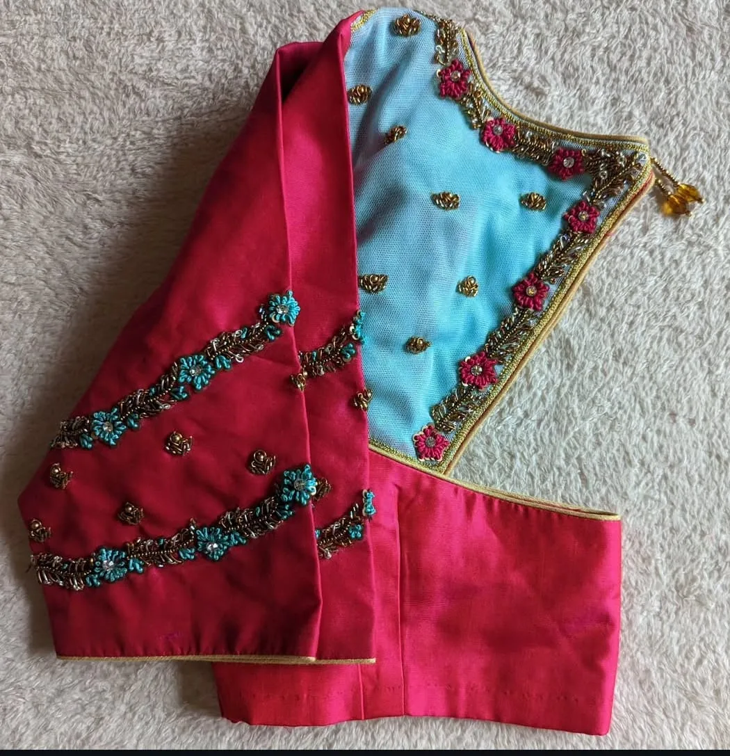 Rani Pink Silk Saree Blouse with Sky Blue Sheer Illusion Neck & Floral Aari Work Embroidery