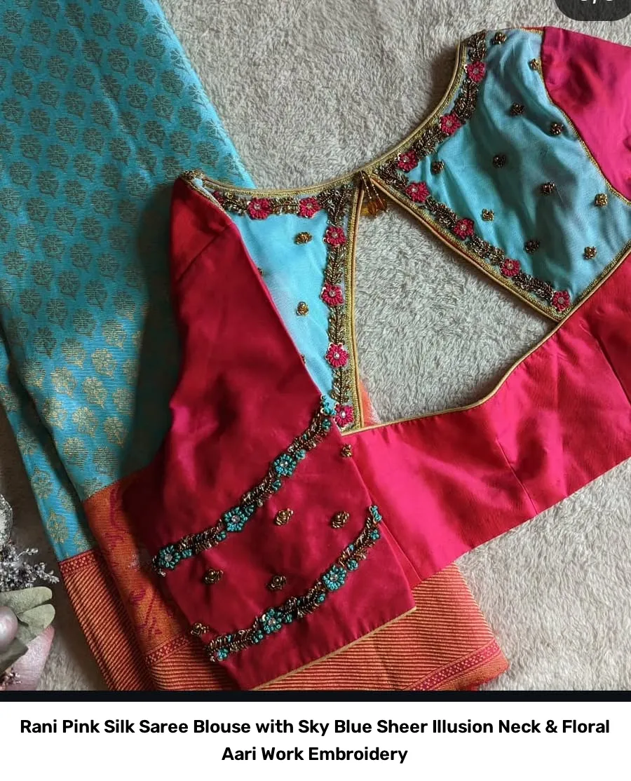 Rani Pink Silk Saree Blouse with Sky Blue Sheer Illusion Neck & Floral Aari Work Embroidery 2