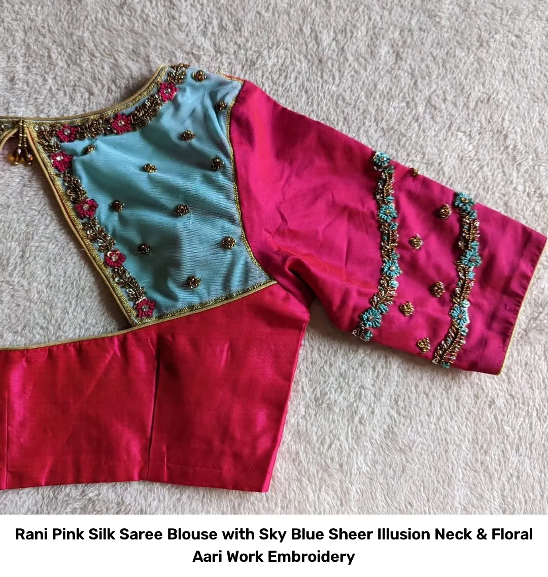 Rani Pink Silk Saree Blouse with Sky Blue Sheer Illusion Neck & Floral Aari Work Embroidery 3