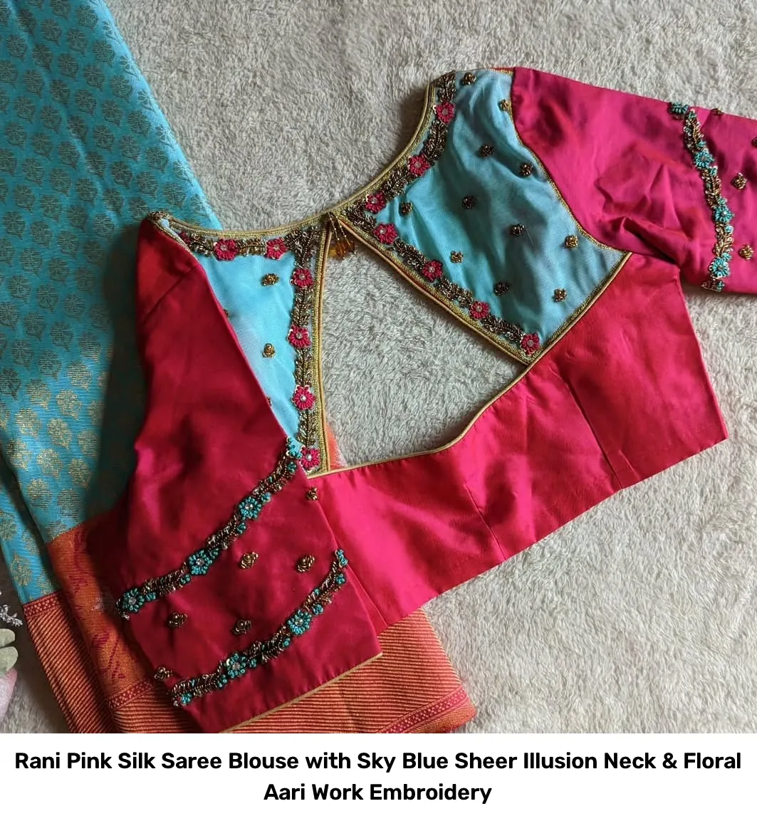 Rani Pink Silk Saree Blouse with Sky Blue Sheer Illusion Neck & Floral Aari Work Embroidery 4