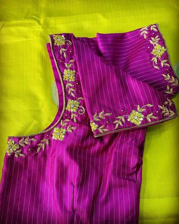 Rani Pink Striped Silk Saree Blouse | Yellow Floral & Gold Zari Embroidered Designer Blouse