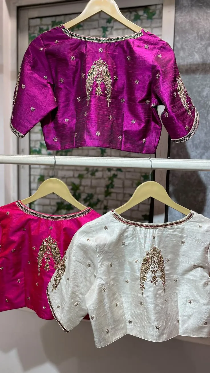 Raw Silk Boat Neck Blouse - Handcrafted Twin Peacock Maggam Work Saree Blouse 1