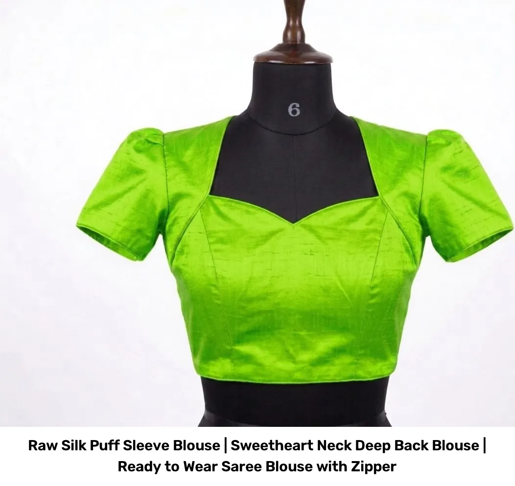Raw Silk Puff Sleeve Blouse | Sweetheart Neck Deep Back Blouse | Ready to Wear Saree Blouse with Zipper 5