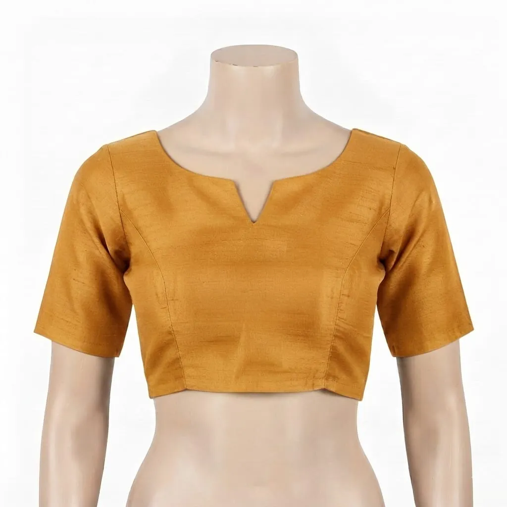 Raw Silk Readymade Saree Blouse with Split V-Neckline, Half Sleeves & Back Potli Buttons