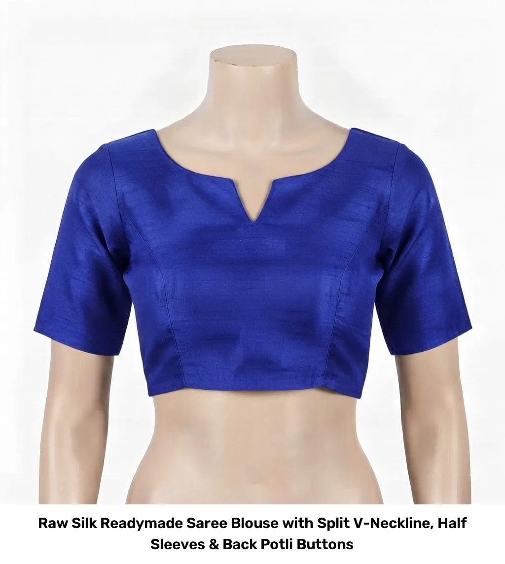 Raw Silk Readymade Saree Blouse with Split V-Neckline, Half Sleeves & Back Potli Buttons 4