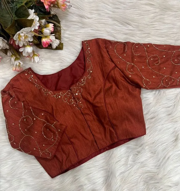 Raw Silk Saree Blouse | Handcrafted Gold Outline Swirl Embroidery, Sweetheart Neck & Sequin Work Blouse 1