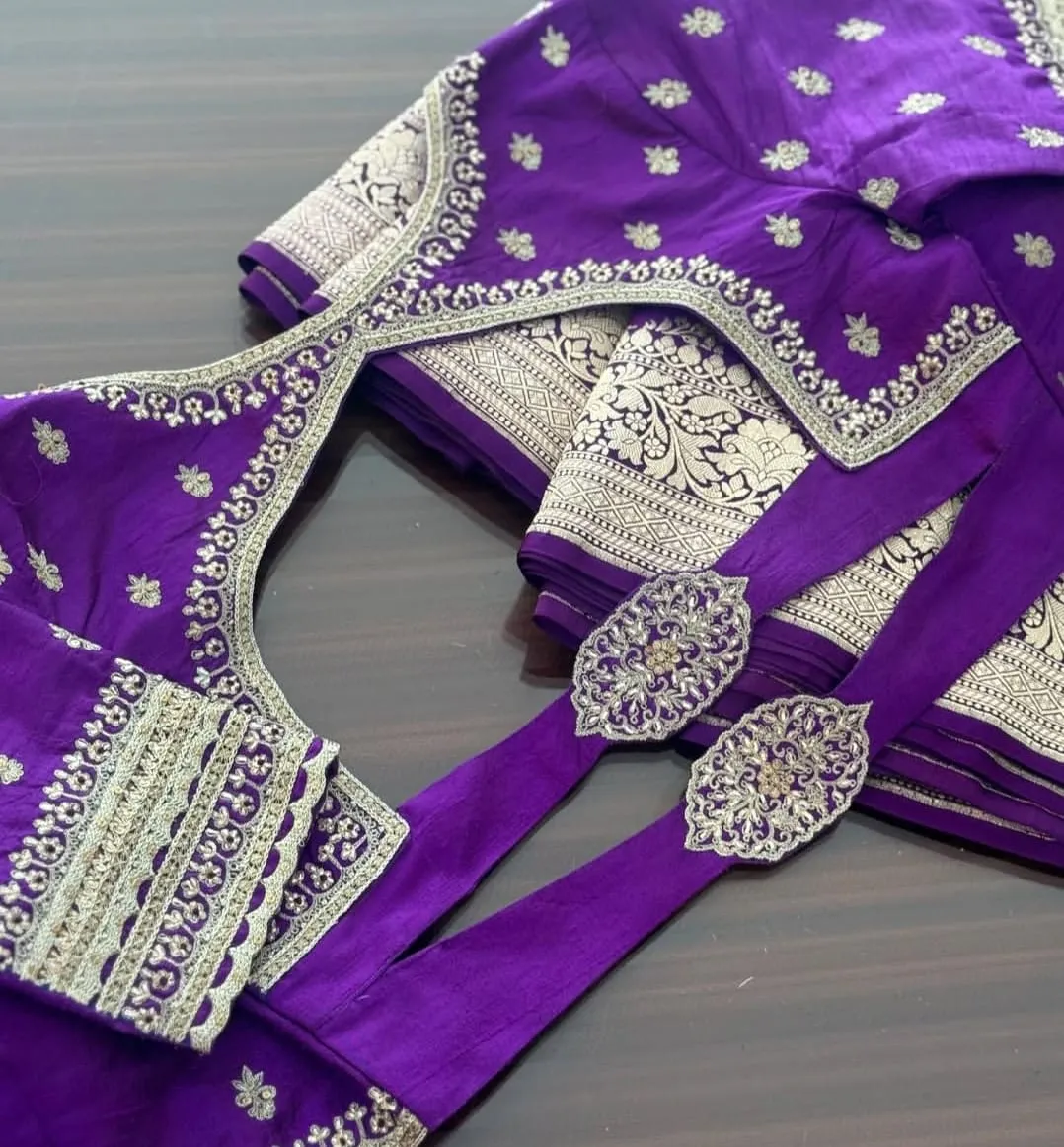 Raw Silk Saree Blouse | Handcrafted Silver Zari Maggam Work with Scalloped Borders & Back Latkan Motifs