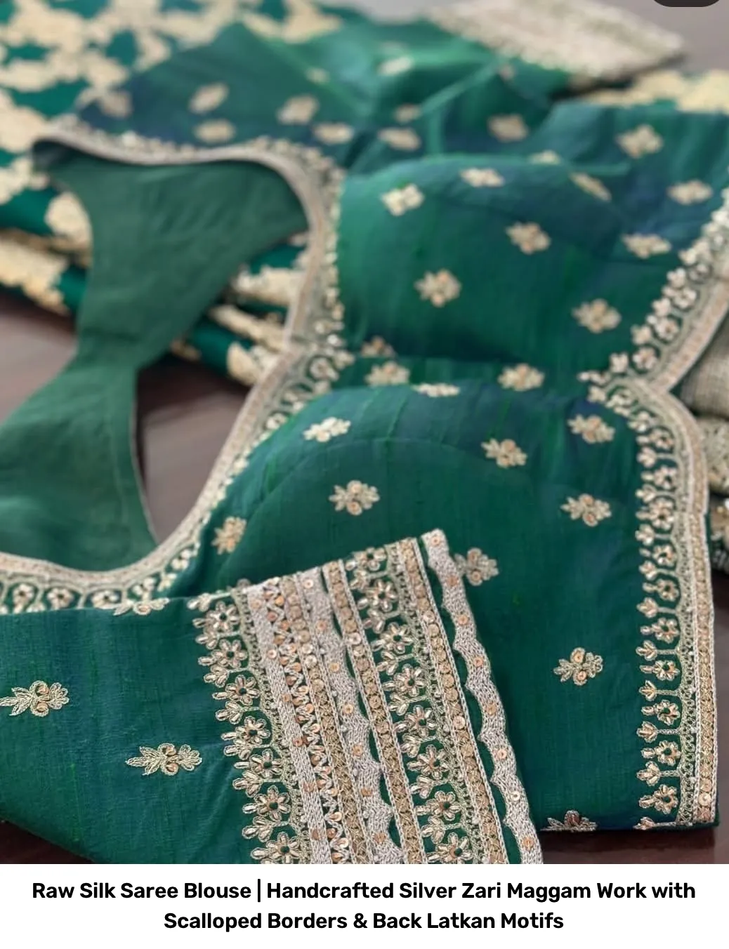 Raw Silk Saree Blouse | Handcrafted Silver Zari Maggam Work with Scalloped Borders & Back Latkan Motifs 2