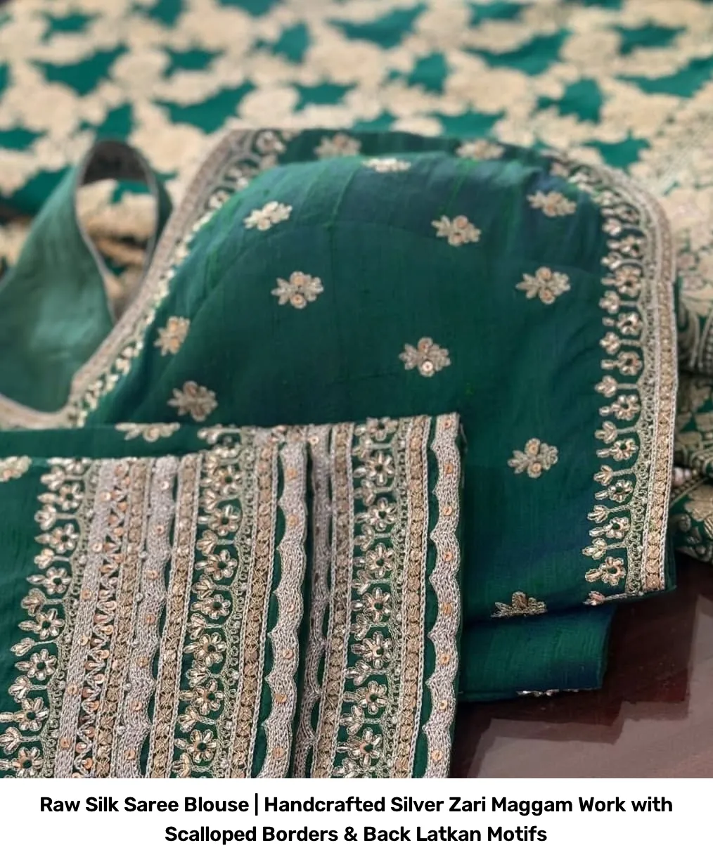 Raw Silk Saree Blouse | Handcrafted Silver Zari Maggam Work with Scalloped Borders & Back Latkan Motifs 3