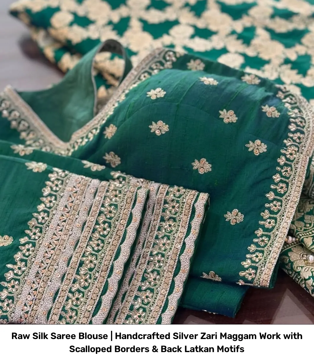Raw Silk Saree Blouse | Handcrafted Silver Zari Maggam Work with Scalloped Borders & Back Latkan Motifs 4