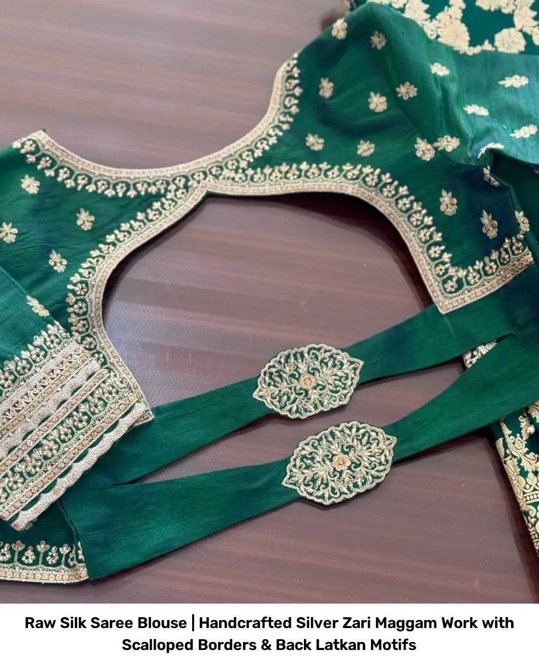Raw Silk Saree Blouse | Handcrafted Silver Zari Maggam Work with Scalloped Borders & Back Latkan Motifs 5