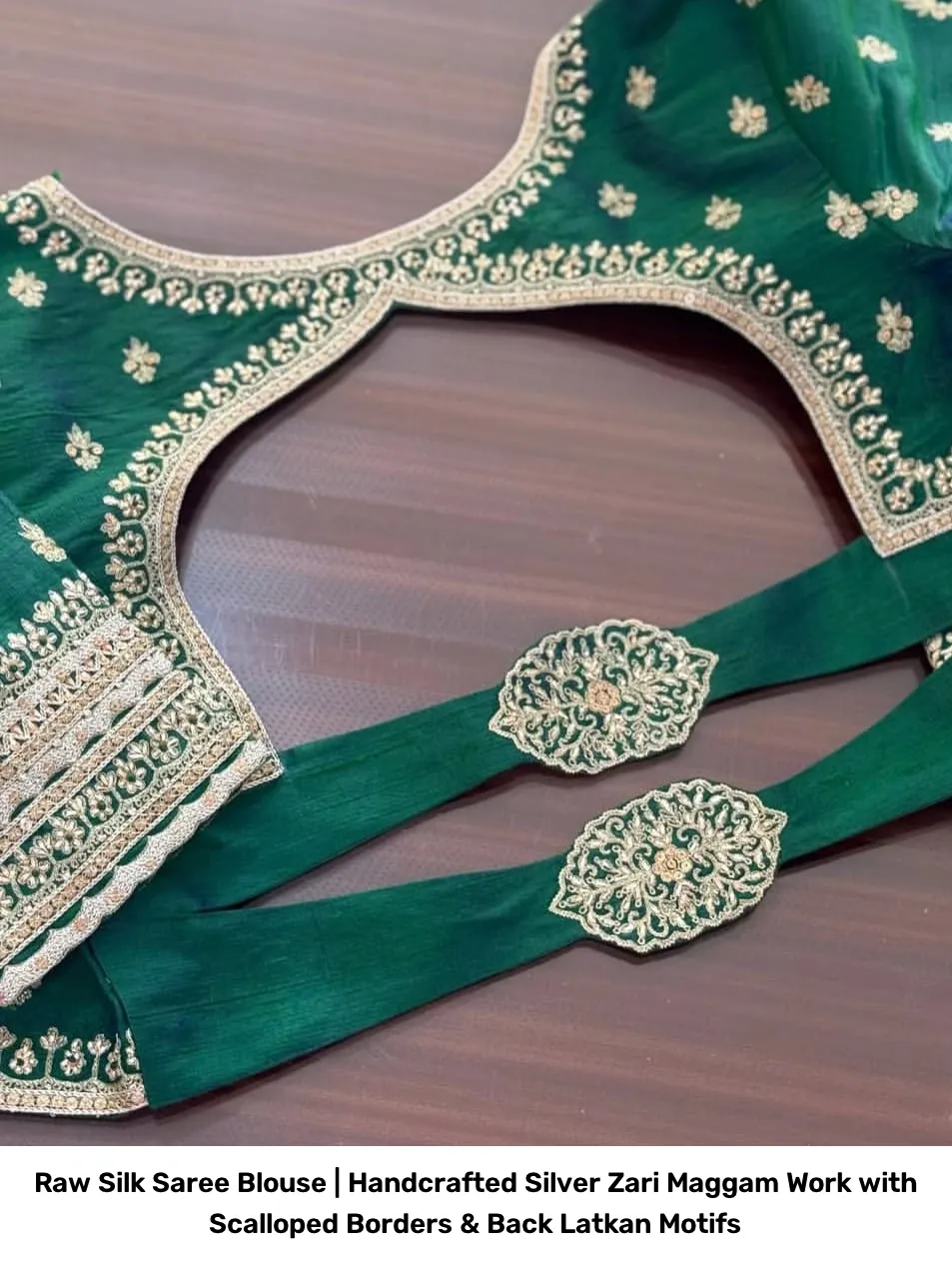 Raw Silk Saree Blouse | Handcrafted Silver Zari Maggam Work with Scalloped Borders & Back Latkan Motifs 6