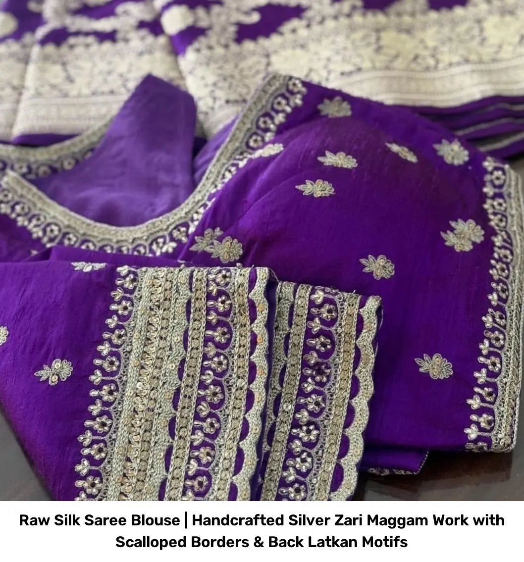 Raw Silk Saree Blouse | Handcrafted Silver Zari Maggam Work with Scalloped Borders & Back Latkan Motifs 7