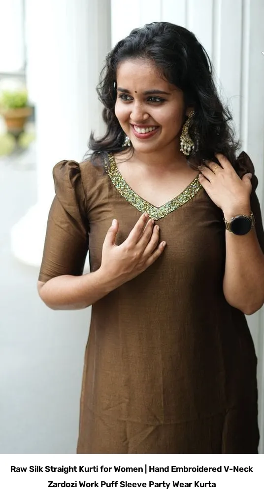 Raw Silk Straight Kurti for Women | Hand Embroidered V-Neck Zardozi Work Puff Sleeve Party Wear Kurta 2
