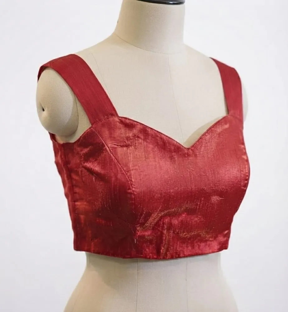 Ready-to-Wear Dusty Rose Silk Saree Blouse – Sweetheart Neck, Sleeveless Crop Top with Back Button Detail