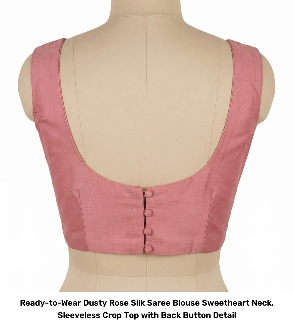 Ready-to-Wear Dusty Rose Silk Saree Blouse – Sweetheart Neck, Sleeveless Crop Top with Back Button Detail 4