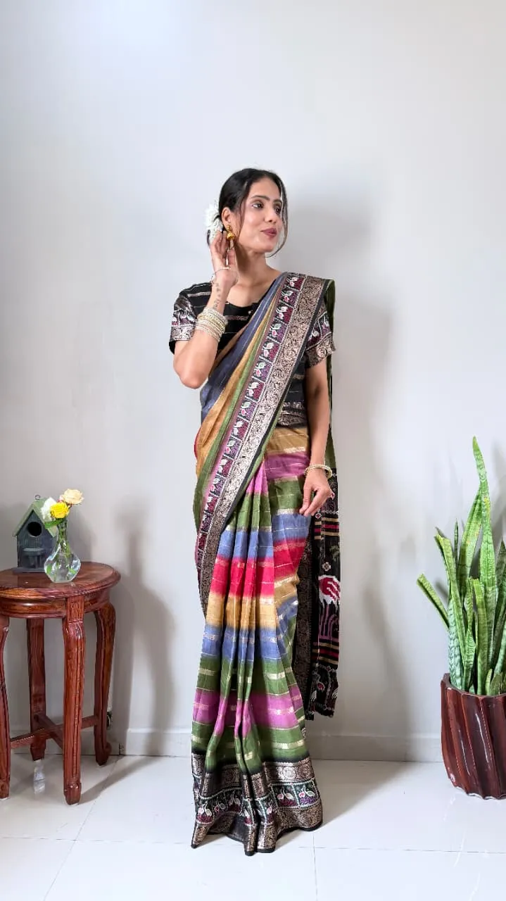 Ready to Wear Multicolor Striped Dola Silk Gown Saree – Ikat Border Pre-Stitched Saree with Blouse