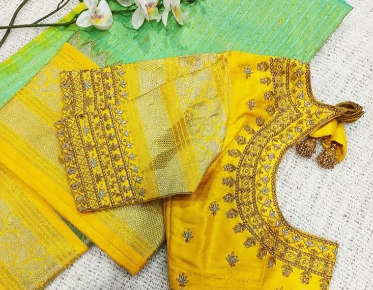 Ready to Wear Mustard Yellow Bridal Saree Blouse | Heavy Hand Embroidered U-Neckline & Jhumki Tassels Stitched Blouse 1