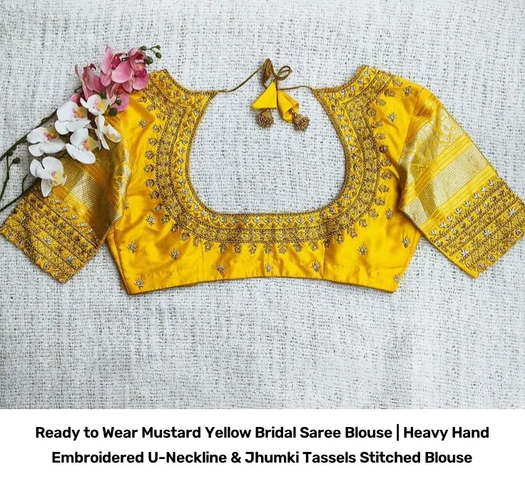 Ready to Wear Mustard Yellow Bridal Saree Blouse | Heavy Hand Embroidered U-Neckline & Jhumki Tassels Stitched Blouse 2