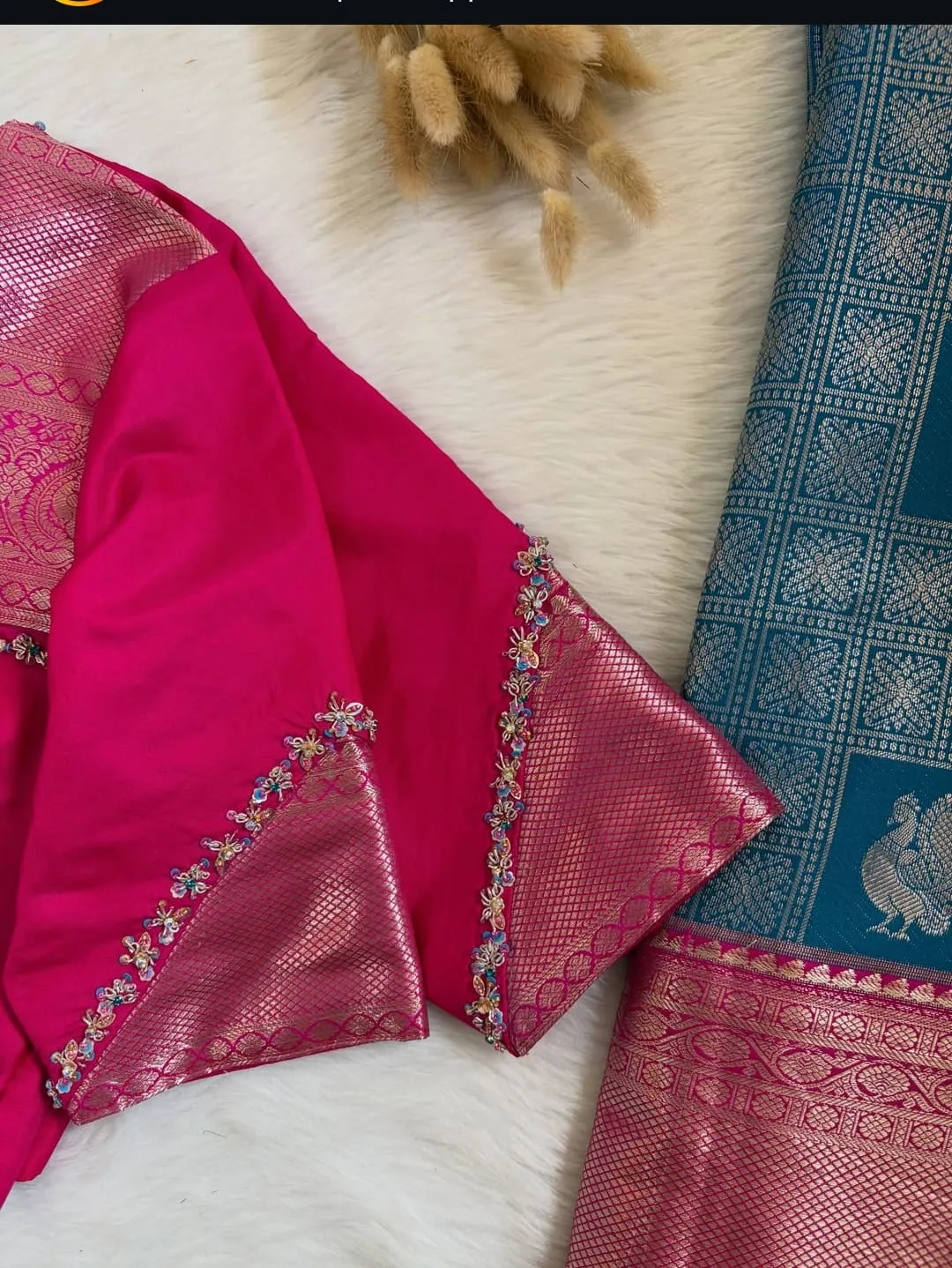 Ready to Wear Pink Silk Saree Blouse | Embellished Triangular Border Sleeves & Subtle Stone Bootis 1