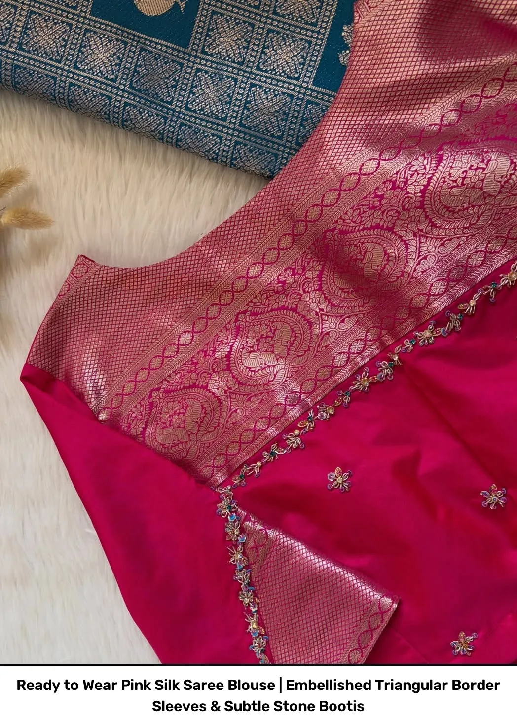 Ready to Wear Pink Silk Saree Blouse | Embellished Triangular Border Sleeves & Subtle Stone Bootis 2