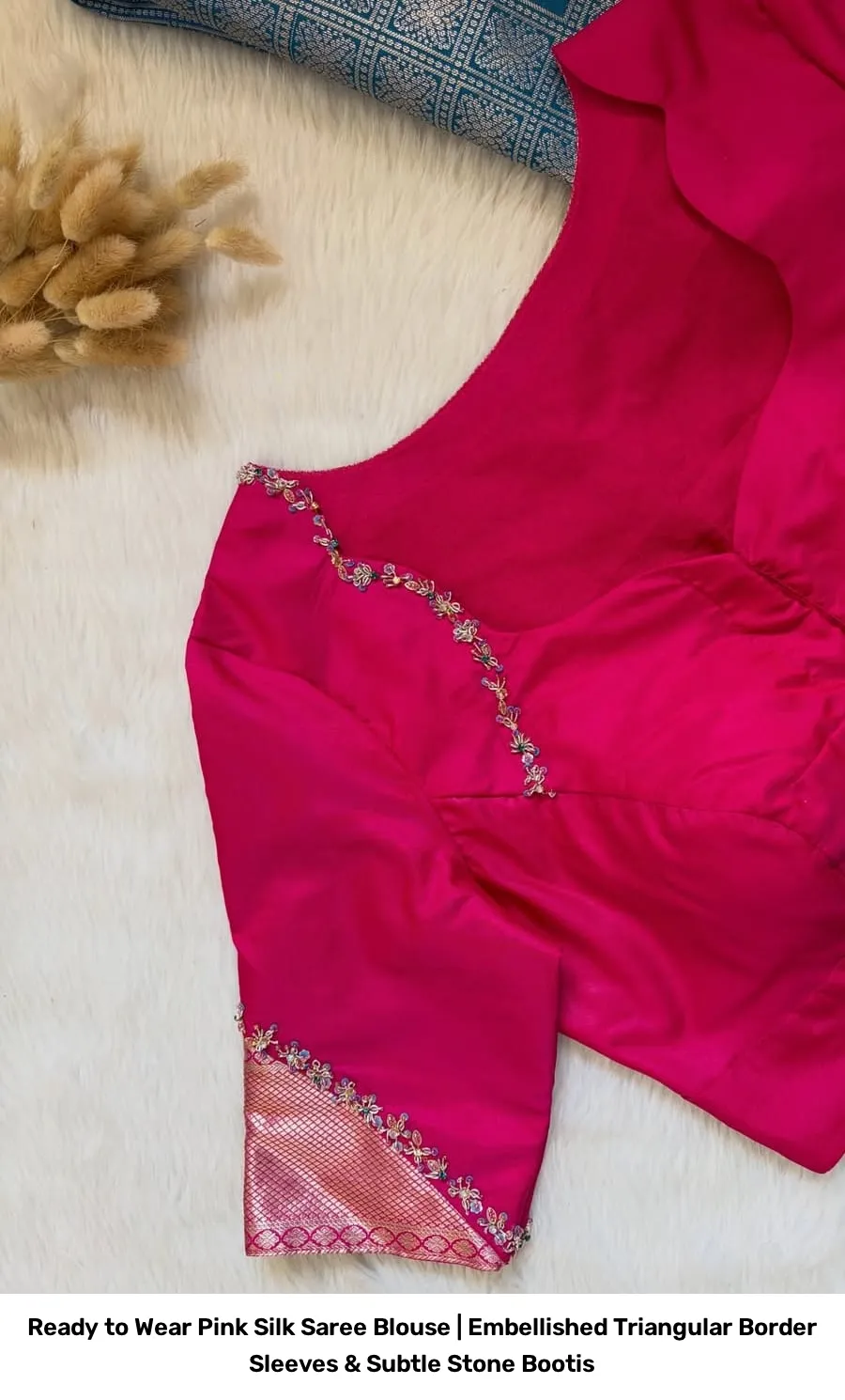 Ready to Wear Pink Silk Saree Blouse | Embellished Triangular Border Sleeves & Subtle Stone Bootis 3