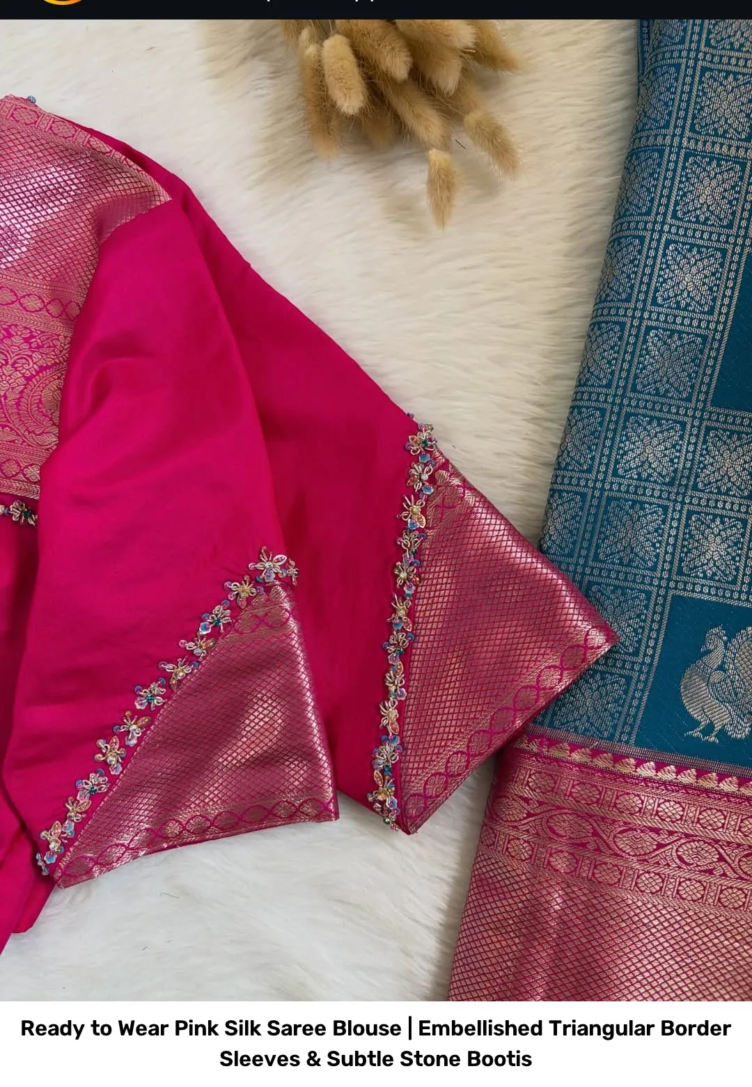 Ready to Wear Pink Silk Saree Blouse | Embellished Triangular Border Sleeves & Subtle Stone Bootis 4