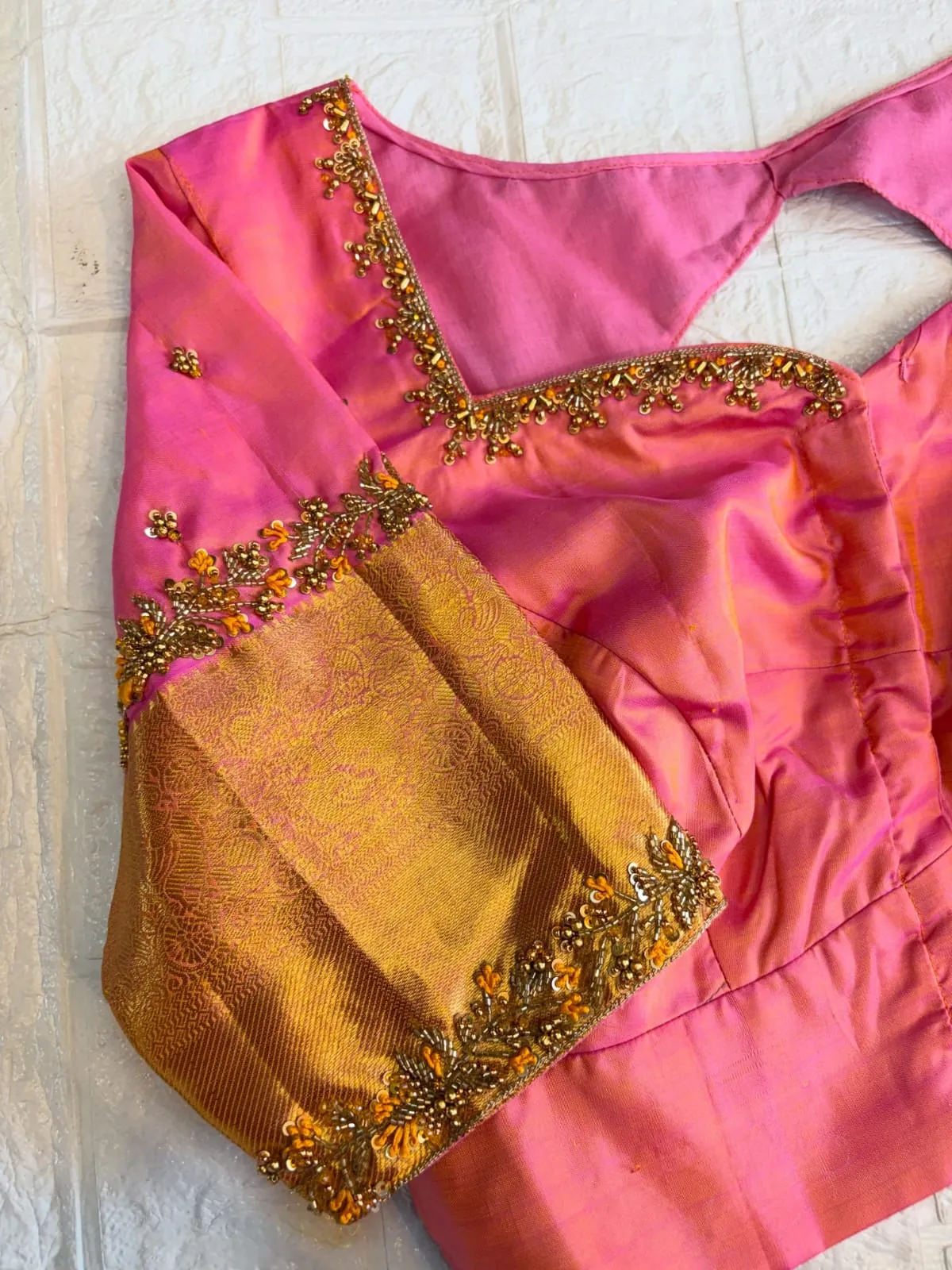 Ready to Wear Pink Silk Saree Blouse with Zari Border | Scallop Back Neckline & Delicate Bead Bootis Stitched Blouse