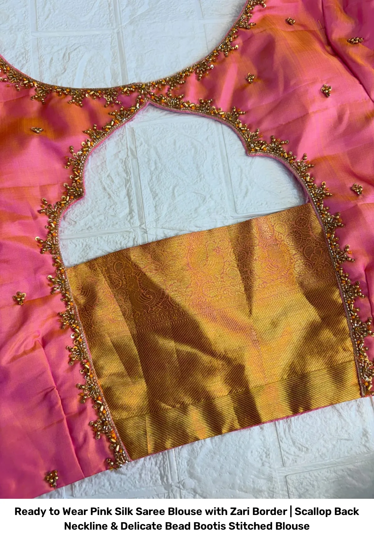 Ready to Wear Pink Silk Saree Blouse with Zari Border | Scallop Back Neckline & Delicate Bead Bootis Stitched Blouse 2
