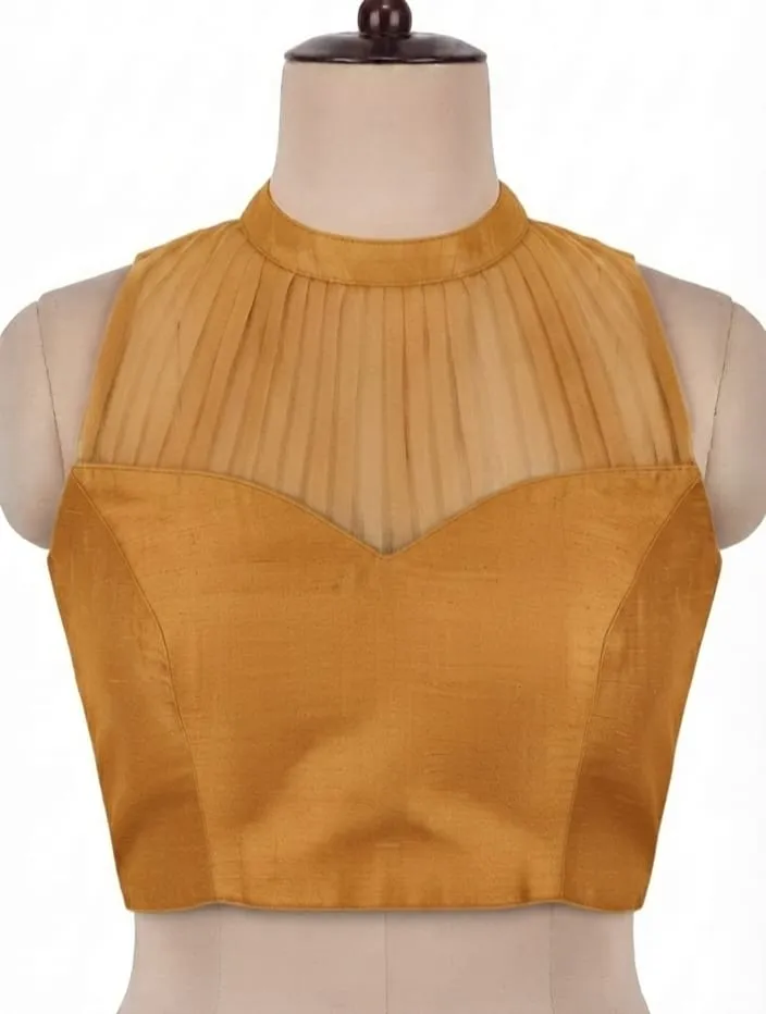 Ready-to-Wear Sleeveless Saree Blouse – Halter Illusion Neck, Pleated Sheer Yoke & Princess Cut