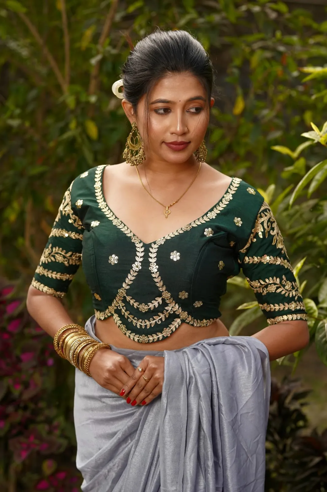 Readymade Embroidered Silk Saree Blouse | Padded Sweetheart Neck with Keyhole Back Dori | Elbow Sleeves Alterable (Bust 32-44